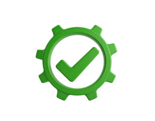 A green gear with a checkmark symbol in the center, against a black background