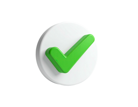 A vibrant green checkmark icon, three-dimensional, against a white circular background