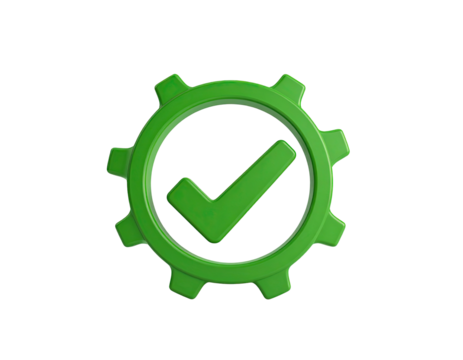 A green gear with a checkmark symbol in the center, against a black background