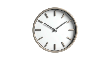 A simple, round clock with silver casing and white face against a black background