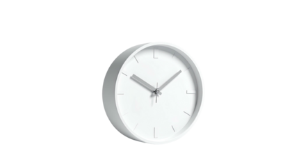 A white, minimalist wall clock with thin hands, set against a black background