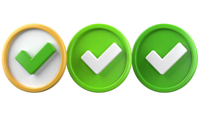 Three 3D checkmarks a green one in a gold border, two more solid green