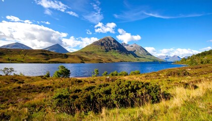 Mountain lake landscape, bright sunny day
