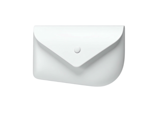 A stylized, white envelope, with rounded corners and a button closure, on black