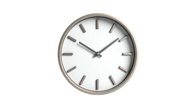 A simple, round clock with silver casing and white face against a black background