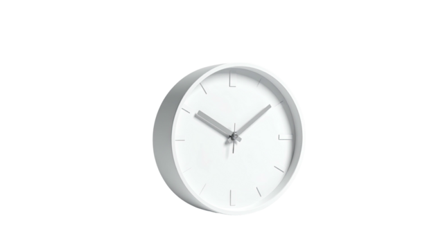 A white, minimalist wall clock with thin hands, set against a black background - Powered by Adobe