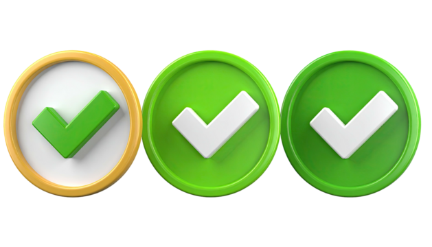 Three 3D checkmarks a green one in a gold border, two more solid green