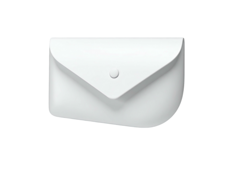 A stylized, white envelope, with rounded corners and a button closure, on black