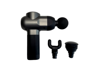 Professional handheld massage gun with attachments on transparent background