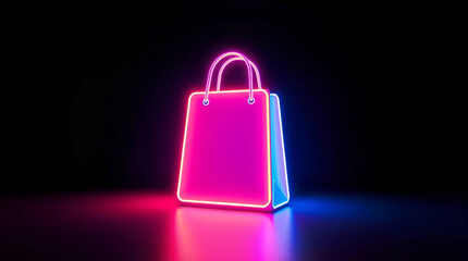 Shopping bag neon icon on black background. 3D rendering.
