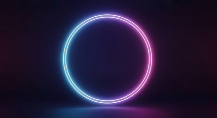 Obraz premium Vibrant circular neon frame with a glowing pink and blue gradient light standing on a reflective floor against a dark background