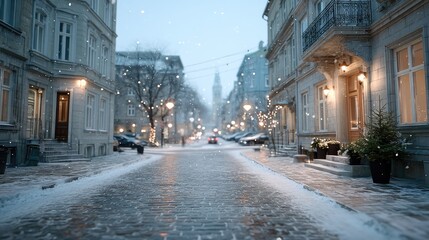 Snowy City Street Architecture Cinematic View During Winter Season with Illuminated Buildings and Street Lights