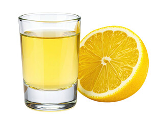 Small shot glass of golden liquid beside a lemon slice