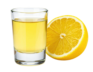 Small shot glass of golden liquid beside a lemon slice