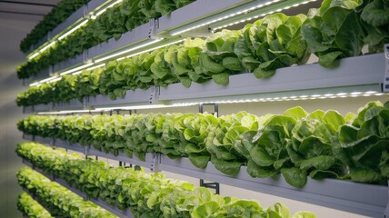 Vertical hydroponic lettuce farm featuring layered grow trays.