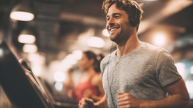 The man runs on the treadmill while the man listens to music with headphones. Beside the man, a woman is also using a treadmill in the gym setting.