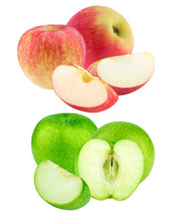 red and green apples with slices on a transparent background