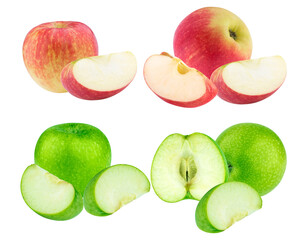 multiple red and green apples with fresh slices on black