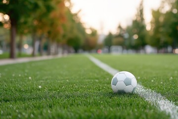 Obraz premium Soccer Ball Resting on Green Field with White Line at Park in Daylight