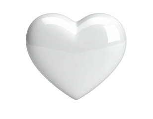 A glossy white heart floats against a stark black background with gentle highlights
