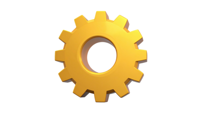 Isolated gold-colored cogwheel with inner circular hole on a black background