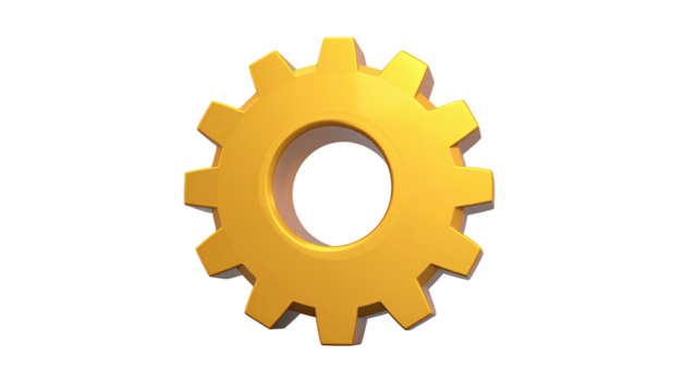 Isolated gold-colored cogwheel with inner circular hole on a black background