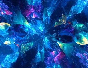 A vibrant, symmetrical explosion of glowing blue and purple crystalline shards creating a kaleidoscopic fractal pattern.