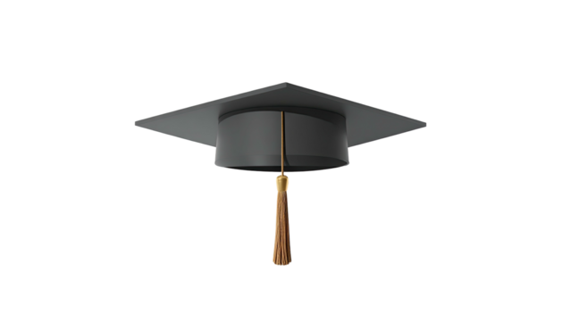 A 3D rendering of a graduation cap with tassel, set against a black backdrop