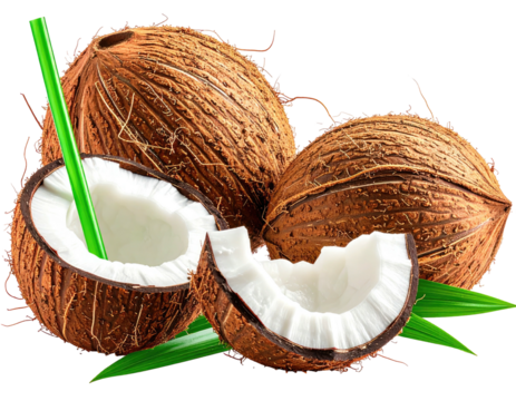 Fresh coconuts, two whole and one halved, with a green straw inserted