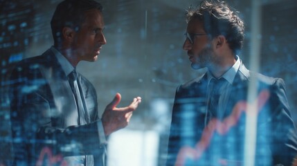 A man in a suit gestures while discussing with another man in a suit, framed by digital charts. The man interacts as financial data overlays the suits prominently.