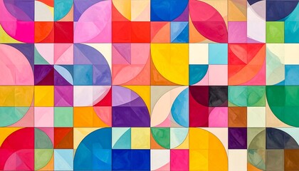 A vibrant and colorful abstract geometric pattern composed of a grid of squares, triangles, and quarter-circles.