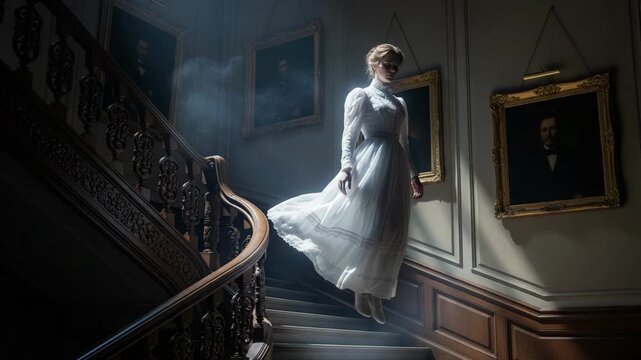 Victorian ghostly woman in white dress levitating on grand staircase, haunted mansion with portraits, mysterious supernatural atmosphere, spooky horror story setting