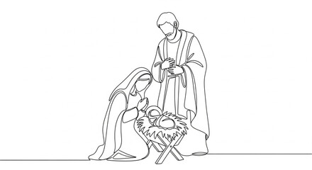 Obraz premium Christmas nativity scene with Mary, Joseph and baby Jesus. Continuous line drawing isolated on white background. Christmas concept