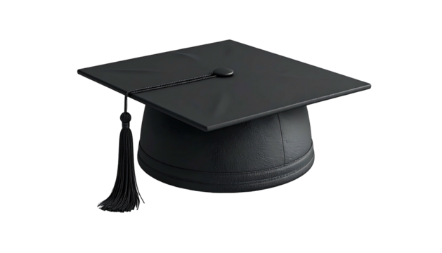 Dark graduation mortarboard with tassel, isolated on black background, floating in space