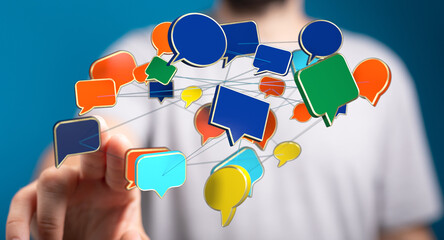 Conceptual communication illustration showing floating speech bubbles being interacted with, symbolizing connection and digital interaction.