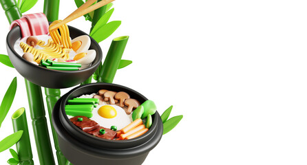 Korean food advertising banner. Bamboo green background with bibimbap and ramen soup render. Asian rice and noodle in restaurant bowl with chopsticks. Japanese cuisine cooked with egg