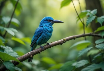 Obraz premium Close up of a Azure Finch with a Large, Striking Beak, Resting Among Lush Greenery in a Serene Forest Setting.