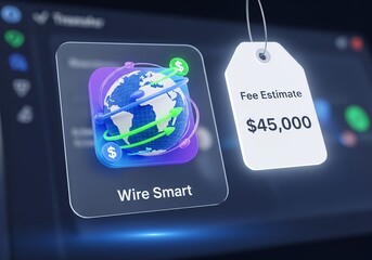 Wire Smart Global Money Transfer Concept: Fee Estimate for International Transaction with Digital Earth and Currency Icon on a Futuristic Finance App.