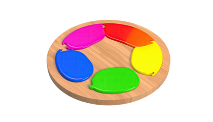 3D render of a wooden disc with six colorful, teardrop-shaped forms on it