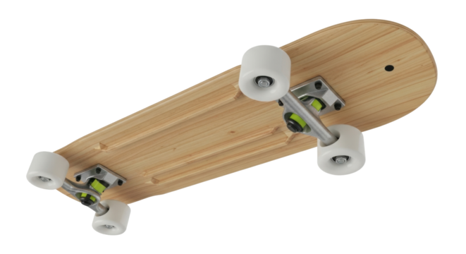 Isolated wooden skateboard showing trucks and wheels for transportation, outdoor activity