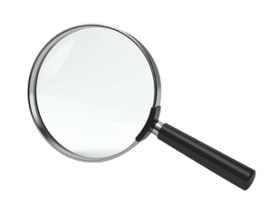 A shiny, round magnifying glass with a dark handle on a stark black background