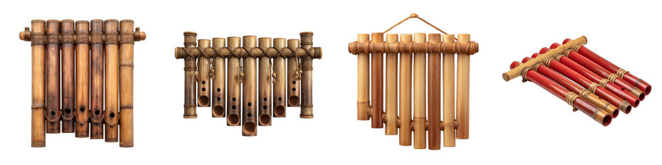 Various bamboo pan flutes musical instruments on transparent background