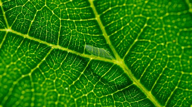 Close-up of a vibrant green leaf with intricate vein patterns and a water droplet.