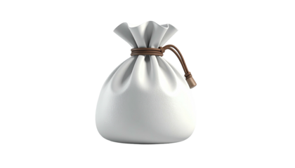 Simple illustration of a white, drawstring bag, tied with a brown cord