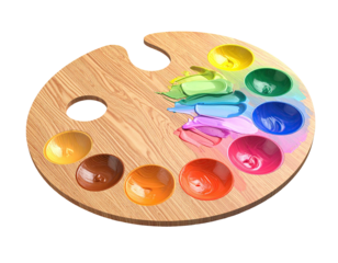 A wooden palette with various colorful paints, including many hues and shades