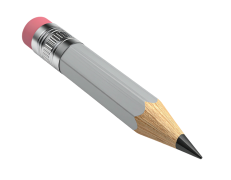 A short, freshly sharpened writing tool, grey and gold with pink eraser