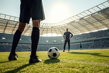 Soccer player preparing to strike the ball during high-stakes moment in sunlit stadium, with goalkeeper ready and crowd watching in suspense