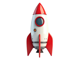 A cartoon rocket with red fins, nose, and round porthole, poised for launch