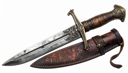 Ornate dagger with engraved metallic blade, gold-accented hilt, wrapped grip, and decorative pommel on dark background.