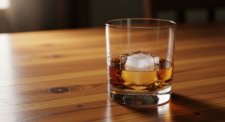 Glass of Whiskey on a Wooden Tabletop.